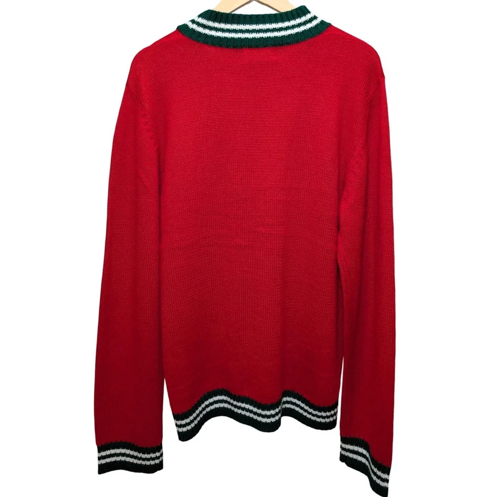 Men's XL Snowman Red Christmas Sweater‎ Long Sleeve Green White Stripe Collar